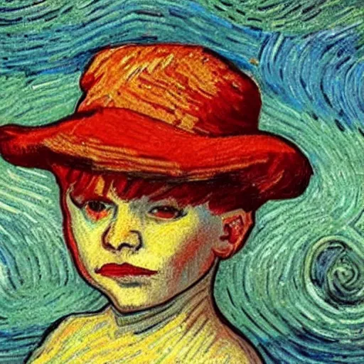 Prompt: blond girl with a red hat sunbathing on a beach, drawn by van gogh
