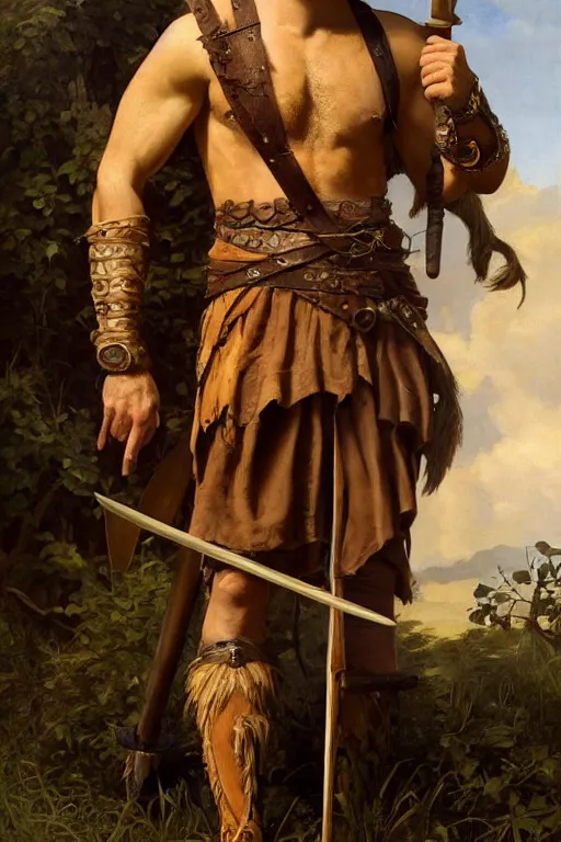 Image similar to renaissance painting full body portrait of a gruff ranger with a spear, lean and toned, handsome face, hairy chest and hairy body, D&D, intricate, elegant, highly detailed, digital painting, artstation, concept art, matte, sharp focus, chiaroscuro, well list, illustration, art by Artgerm and Greg Rutkowski and Alphonse Mucha