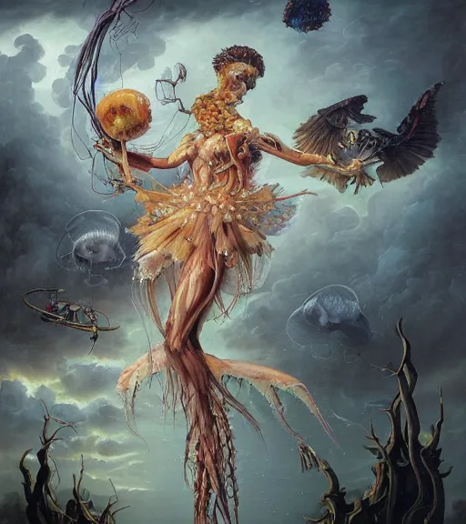 Image similar to an anatomical oil painting of a Jellyfish Harpy from a medical journal by Peter Mohrbacher and Nychos, highly detailed, high detail, 8k, storm clouds, birds, dramatic lighting