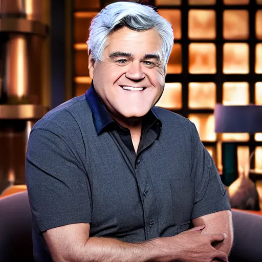 Prompt: a 4 k photo of jay leno with skin is grey and eyes completely black, professional photo, volumetric lighting, unreal engine 5, very detailed photo