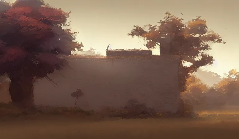 Prompt: A serene landscape with a singular building in the style of Craig Mullins.
