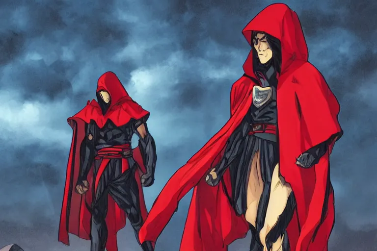 Image similar to a twin blade muscular swordsman, red and black cape and hoodie, scary, intimidating floating sand, worn out clothes, torn clothes, as a panel of a Marvel comic