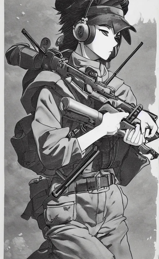 Image similar to manga, monochromatic, toriyama akira, portrait of soldier girl shooting with a rifle, another scene