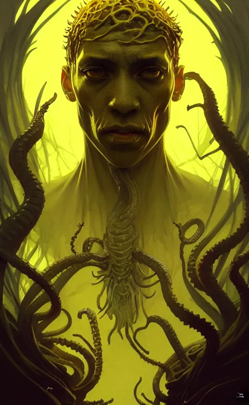 Image similar to King in the Yellow, Lovecraft Horror, highly detailed, digital painting, artstation, concept art, smooth, sharp focus, illustration, art by artgerm and greg rutkowski and alphonse mucha