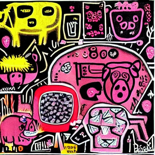 Prompt: “diamonds, pigs, weeds, bagels, pig, strawberries, blueberries, raspberries, diamonds, bovine, pathology, syringe, lightning symbol, pigs, pork, formulae, giant pig, weeds and grass, math equations, crystals, plants, scientific glassware, neo-expressionist style, black background, by Jean-Michel Basquiat”