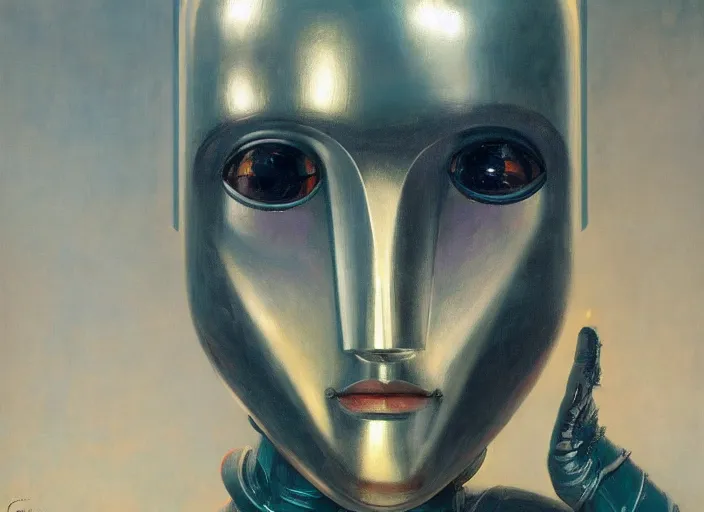 Image similar to a portrait headshot of sci fi metallic human, bright eyes, melancholic complex geometric figure liminal machinery by oskar schlemmer, moebius, john berkey, oil on canvas, portrait facial head, featured on artstation, hd wallpaper