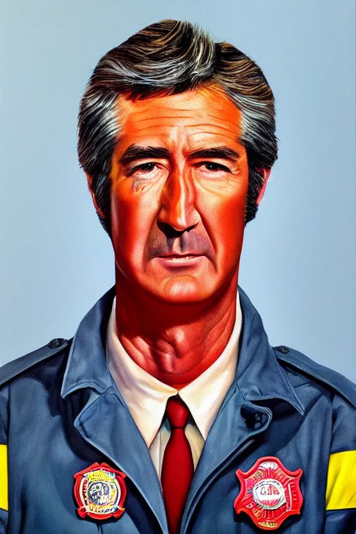 Image similar to hyper realistic painting of randy mantooth as a fire fighter by chuck close and richard corben, vivid colours, highly detailed, dramatic lighting, exotropia eyes