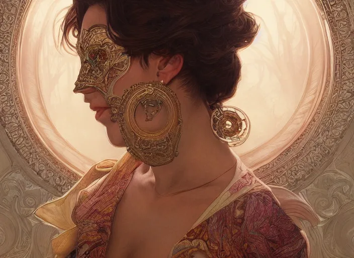 Image similar to masked, perfectly-centered-Portrait of the most beautiful woman on the planet , intricate, highly detailed, artstation, concept art, smooth, sharp focus, illustration, Unreal Engine 5, 8K, art by artgerm and greg rutkowski and alphonse mucha