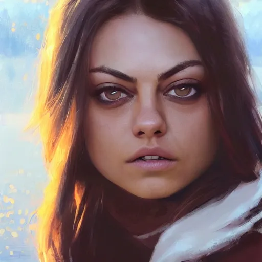 Image similar to winking mila kunis closeup portrait, dramatic light, lake background, 2 0 0 mm focal length, painted by stanley lau, painted by greg rutkowski, painted by stanley artgerm, digital art, trending on artstation