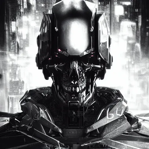 Image similar to black and white cyberpunk style dark metal skull, mecha hard-surface, cyberpunk, hyperrealistic, cinematic, unreal engine, 3D, 8K, imagined by Ash Thorp, tsutomu nihei ghost in the shell akira