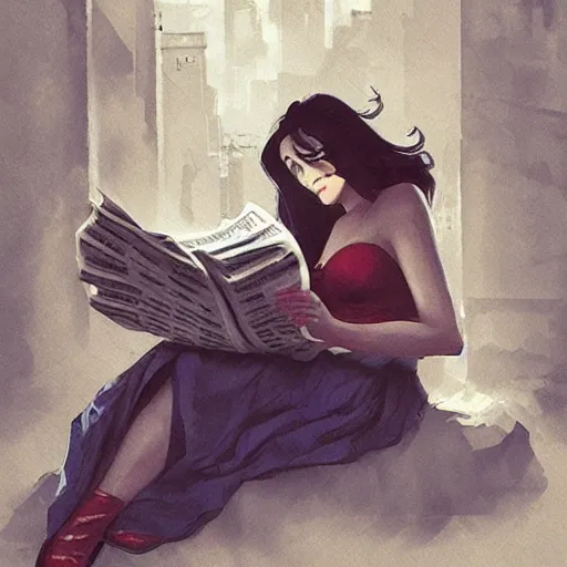 Image similar to seductive goddes reading newspaper in modern city in the style of Durand and greg rutkowski, beautiful, geometric, trending on artstation, cinematic