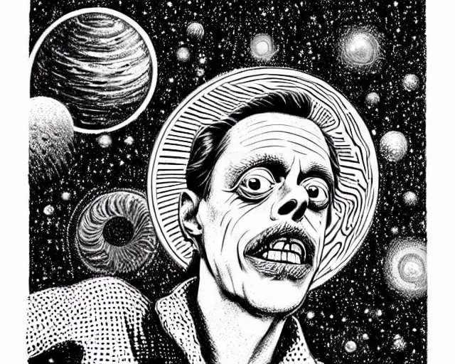 Image similar to steve buscemi floating in a spiral galaxy, cosmic horror painting, elegant intricate digital painting artstation concept art by basil wolverton by robert crumb by william eggleston detailed