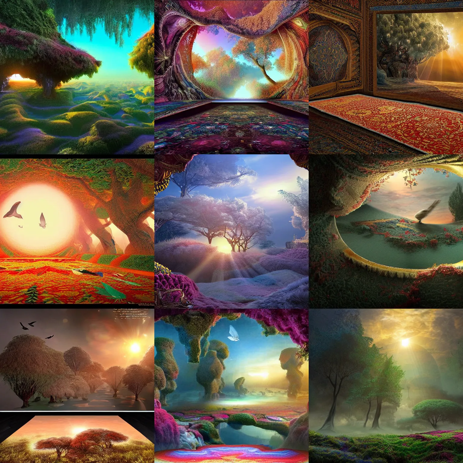 Prompt: sunrise in the magic Fluffy 3d Persian Carpet dimension, everything is carpet and 3d, birds and trees, surreal, photorealistic concept art, immense detail, epic, striking