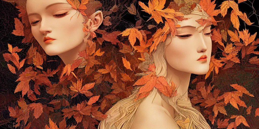 Image similar to breathtaking detailed concept art painting art deco pattern of blonde goddesses faces amalgamation autumn leaves, by hsiao - ron cheng and john james audubon, bizarre compositions, exquisite detail, extremely moody lighting, 8 k