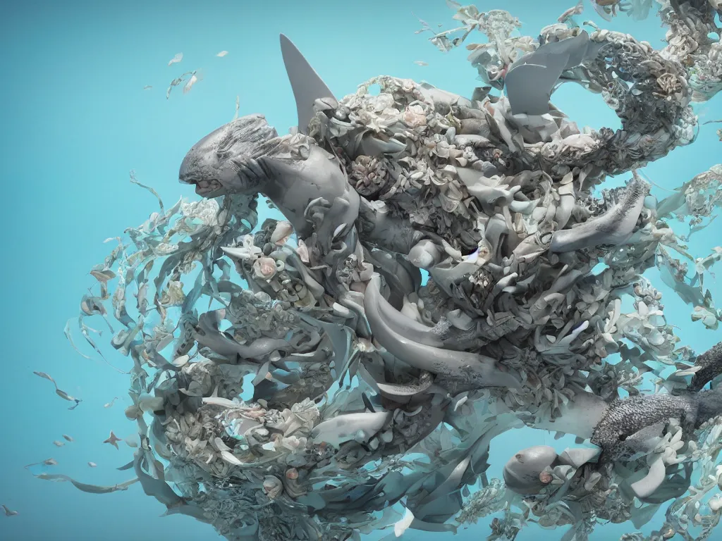 Image similar to a sculpture of ocean shark intertwined, a lovely cornucopia of flowers and human body parts, body parts, highly detailed, octane render, cinematic, shock, sharp focus