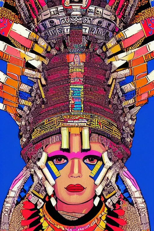 Image similar to close up portrait of a beautiful aztec queen with elaborate head dress by jamie hewlett, jamie hewlett art, full body character concept art, vaporwave colors,