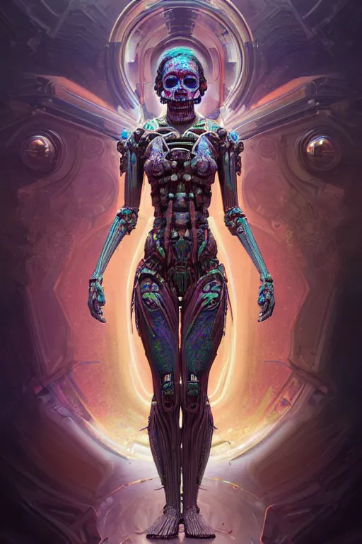 Prompt: ultra detailed Female Android deity, scifi, octane render, (dia de los muertos), asymmetrical, intricate concept art, triadic color scheme, art by artgerm and giger and DZO and greg rutkowski and alphonse mucha and loish and WLOP