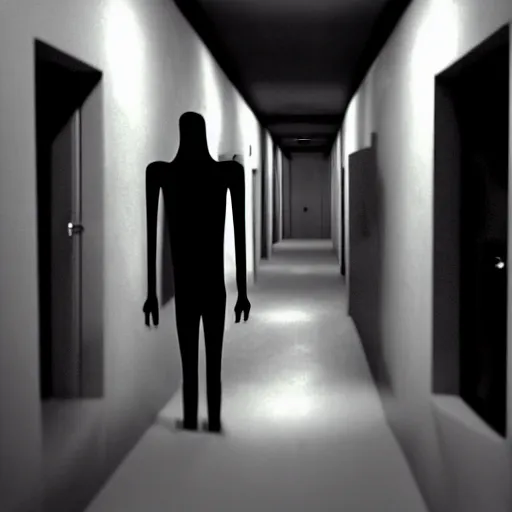 Image similar to a flash photo of creepy tall! wendigo with an unnatural posture standing in a vantablack hallway from the horror movie rec, shaky camera, it is deformed and is staring at the camera from the end of a dark liminal hallway. caught on vhs, film grain, national geographic award winning photography,