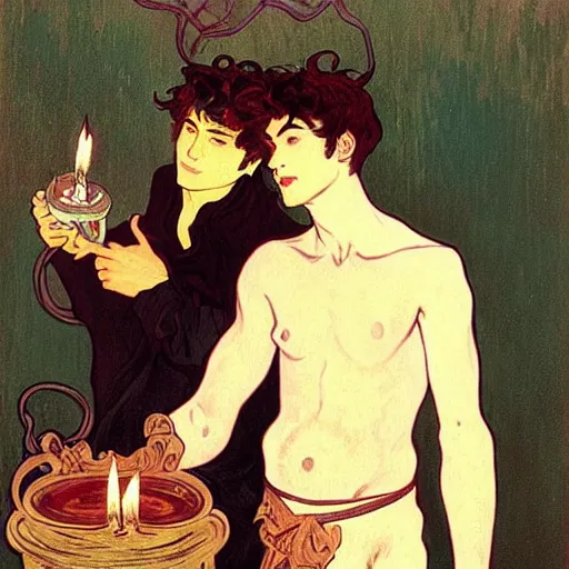 Image similar to painting of young cute handsome beautiful dark medium wavy hair man in his 2 0 s named shadow taehyung and cute handsome beautiful min - jun together at the halloween! party, bubbling cauldron!, candles!, smoke, autumn! colors, elegant, wearing suits!, delicate facial features, art by alphonse mucha, vincent van gogh, egon schiele