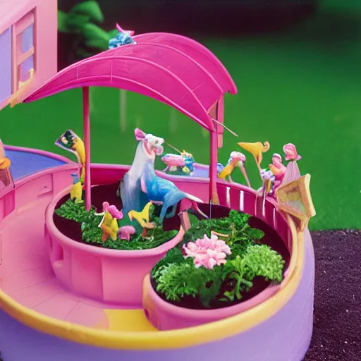 Prompt: a clamshell polly pocket garden with unicorns, kodachrome photo