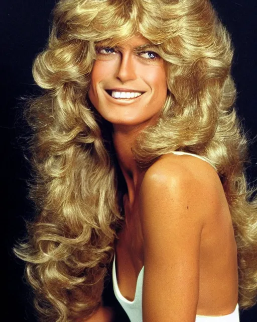 Image similar to 2 8 mm closeup portrait of a beautiful young farrah fawcett with long blonde wind blown hair in a photo studio, 1 9 7 8, rim lighting, glamour pose!!!, hyper realistic, soft lighting,,, hd, octane, arney freytag!!!