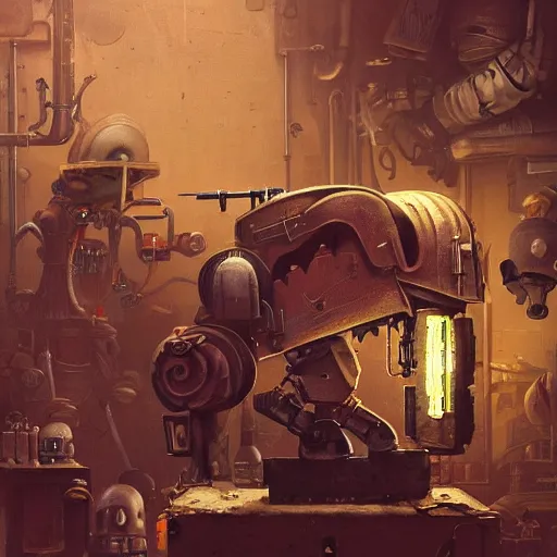 Image similar to closeup portrait of minimalist cyborg midget goblin with painful implants inside byzantine kowloon hoarder workshop filled with dieselpunk equipment, socialist realist composition by by greg rutkowski and h. r. giger and stalenhag and deak ferrand, studio ghibli composition