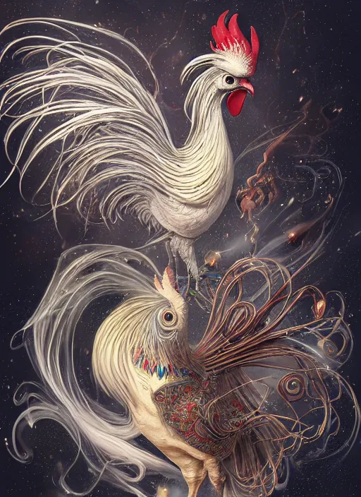 Image similar to a wlop 3 d render of very very very very highly detailed beautiful mystic portrait of a phantom undead rooster with whirling galaxy around, tattoos by anton pieck, intricate, extremely detailed, digital painting, artstation, concept art, smooth, sharp focus, illustration, intimidating lighting, incredible art,