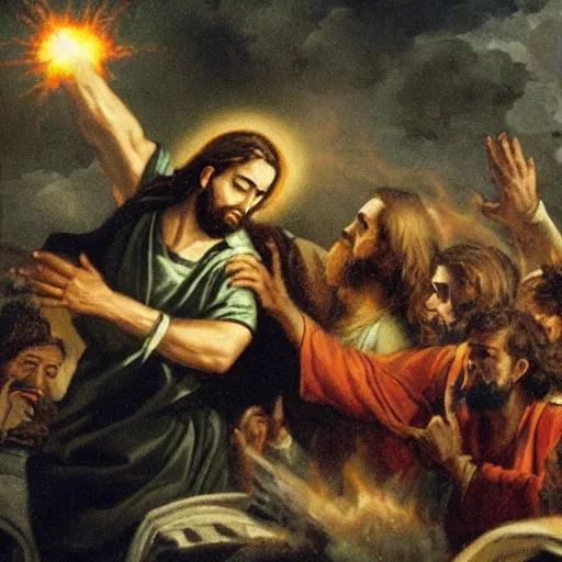 Image similar to jesus throwing fireballs at infidels