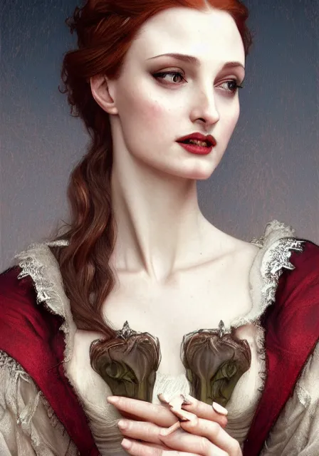 Image similar to sansa angeline jolie gessica chastain victorian vampire teeth, intricate, elegant, highly detailed, digital painting, artstation, concept art, smooth, sharp focus, illustration, art by artgerm and greg rutkowski and alphonse mucha and william - adolphe bouguereau