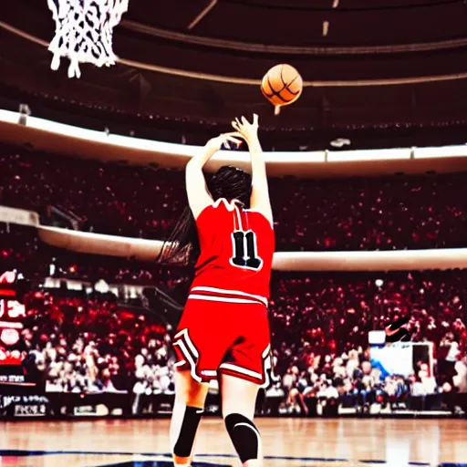 Image similar to woman shooting a basketball on court in a chicago bulls jersey