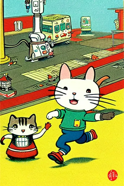 Image similar to by richard scarry. a cat chasing a robot mouse. a 1 9 5 0 s retro illustration. studio ghibli. muted colors, detailed