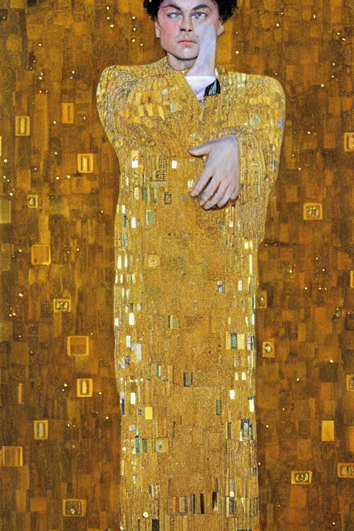 Image similar to ”Leonardo di Caprio as Gatsby”, Gustav Klimt (1901), oil and gold leaf