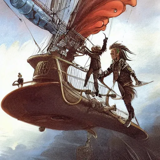 Image similar to A sky-pirate with long red hair meeting a young boy thief with blonde hair on an airship, epic fantasy art style