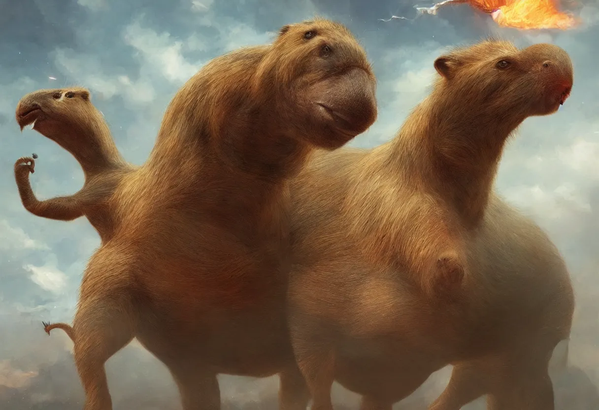 Prompt: a mutant capybara hybrid of velociraptor and elephant floating in space, cinematic, fire, hyperrealistic, trending in artstation, style of wlop