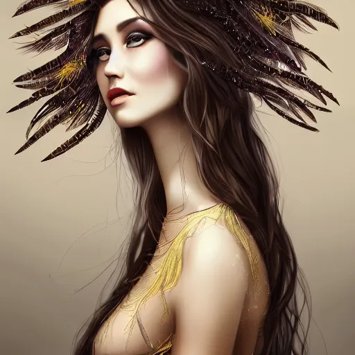 Image similar to A portrait of an attractive young female, beautiful long flowered hair, wearing a dress of black golden feathers, intricate, highly detailed, elegant, digital painting, trending on artstation