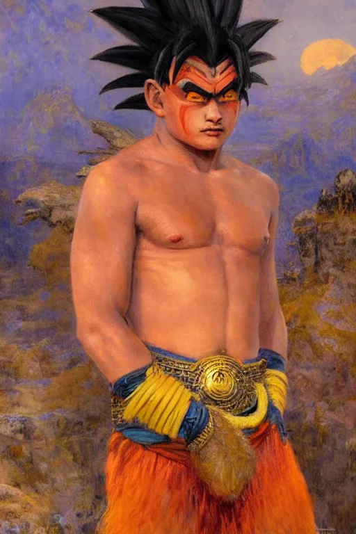 Image similar to portrait of an indigenous saiyan on their home planet. realistic portrait. art by gaston bussiere.