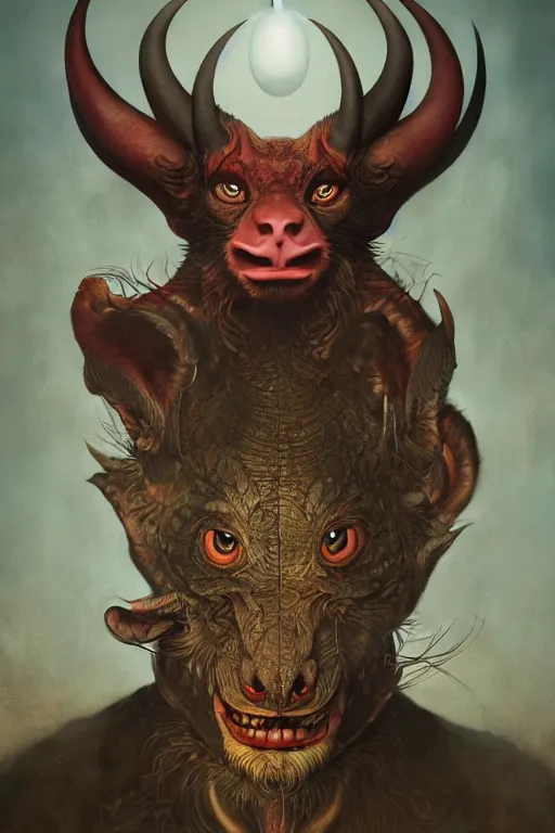 Image similar to a portrait of a thai devil animal illustrated by miyazaki by karol bak, james jean, tom bagshaw, rococo, sharp focus, trending on artstation, cinematic lighting, hyper realism, octane render, 8 k, hyper detailed, vivid, ultra detailed, highly detailed