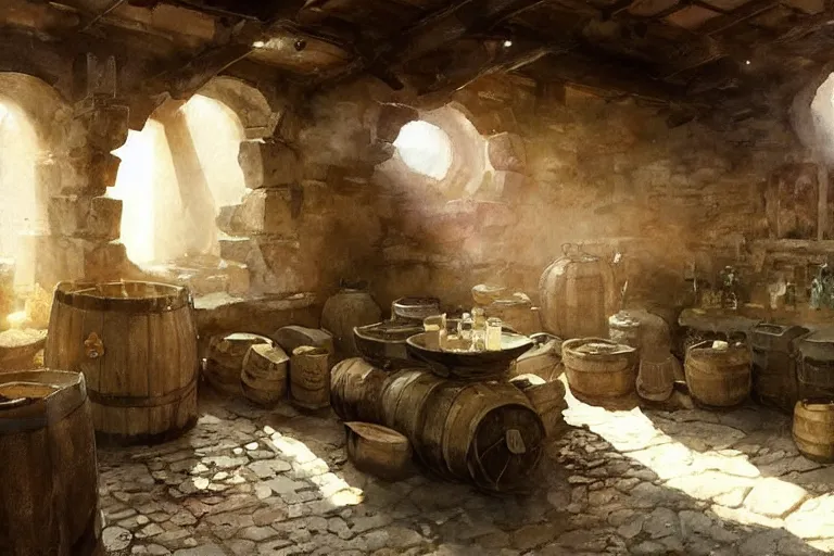 Image similar to watercolor painting of rustic ruin cellar, wooden crates, barrels, stone walls, lantern, very beautiful ambient lighting, sun rays, dust, art by anders zorn, wonderful masterpiece by greg rutkowski, cinematic light, american romanticism by greg manchess, creation by tyler edlin