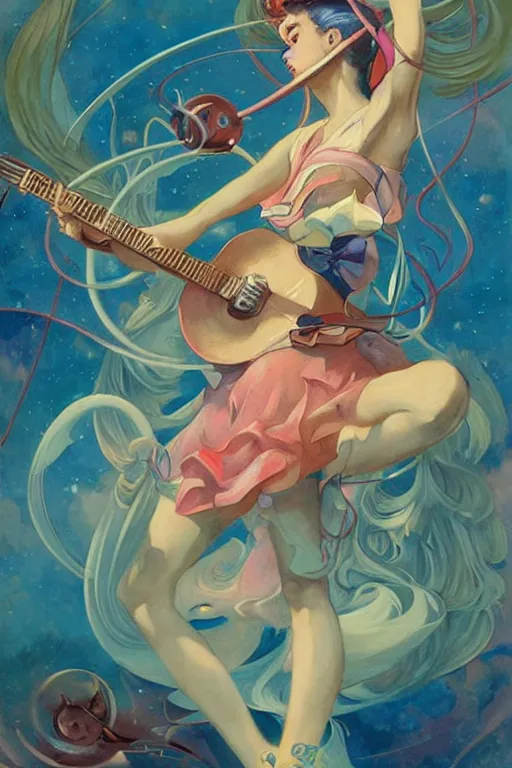 Image similar to sailor moon playing guitar by peter mohrbacher in the style of gaston bussiere, art nouveau