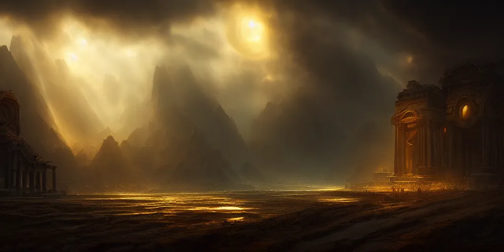 Image similar to epic cinematic background for a movie about ancient gold, dynamic light, cinematic, cinematic light ,detailed, dark, ancient, moody, dramatic atmosphere, artstation, beautiful, intricate details, interesting shot, digital painting,