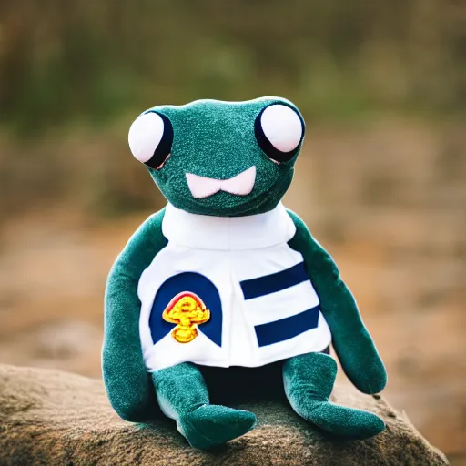 Image similar to stuffed animal frog wearing a sailor suit, plushie photography,