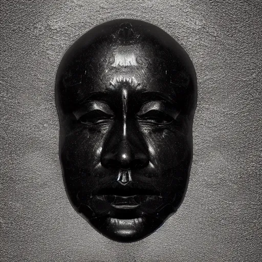 Image similar to a face carved of black marble on a black background. symmetry. ominous shapes. lighting from the bottom. trending on artstation