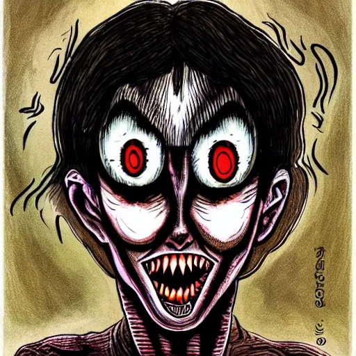 Image similar to a dark brown humanoid, hyper detailed, in the style of junji ito and and junji ito and junji ito, selfie