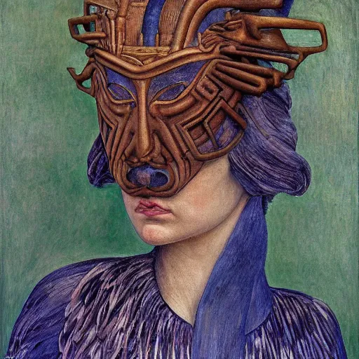 Prompt: the factory queen in her bird mask, by annie swynnerton and diego rivera and lucien freud and jean delville, symbolist, dramatic lighting, elaborate geometric ornament, head and shoulders view, art brut, soft pastel colors, smooth, sharp focus, extremely detailed, adolf wolfli, leo and diane dillon, nicholas roerich