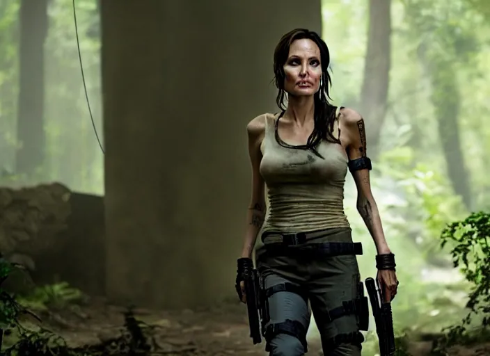 Image similar to film still of!!!! angelina jolie!!! as lara croft in new tomb raider movie, 8 k