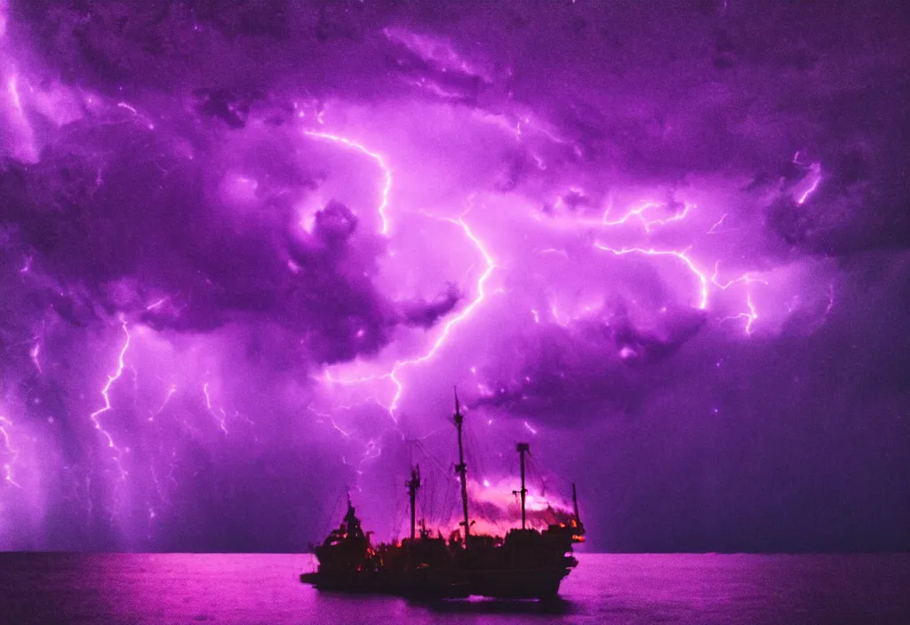 Prompt: purple color lighting storm with stormy sea, pirate ship firing its cannons real life trippy nebula sky 50mm shot fear and loathing movie