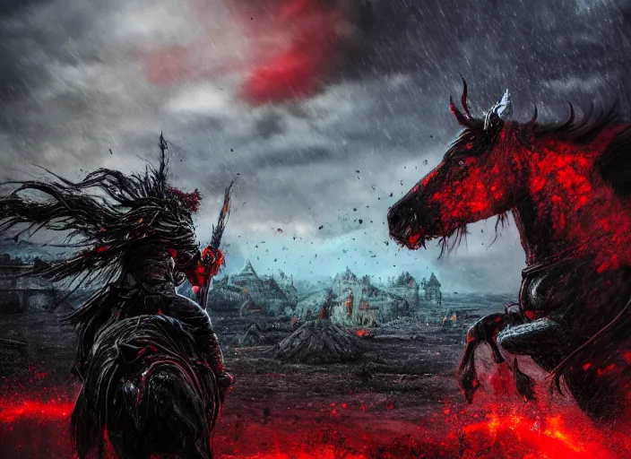 Image similar to a large warrior in full plate of black armor, splattered with blood, riding a large black warhorse, nightmare with red glowing eyes and red glowing mane and tail, blackened clouds cover sky crackling with lightning and rain in the distance, a castle in distance in flames and ruins, the ground is dark and cracked,