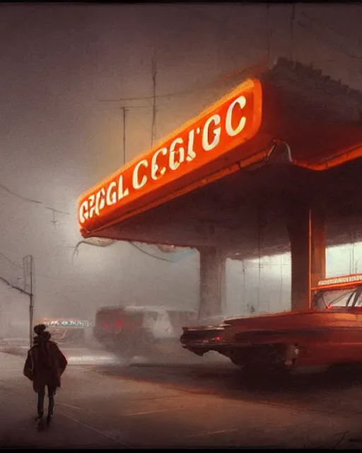 Prompt: a highly detailed epic cinematic concept art CG render digital painting artwork: Soviet gas station, fog, neon. By Greg Rutkowski, in the style of Francis Bacon and Syd Mead and Norman Rockwell and Beksinski, open ceiling, highly detailed, painted by Francis Bacon and Edward Hopper, painted by James Gilleard, surrealism, airbrush, Ilya Kuvshinov, WLOP, Stanley Artgerm, very coherent, triadic color scheme, art by Takato Yamamoto and James Jean