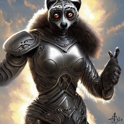 Image similar to lemur in knight armor, sun in the background, intricate, elegant, fantasy, highly detailed, digital painting, artstation, concept art, smooth, sharp focus, illustration, art by artgerm