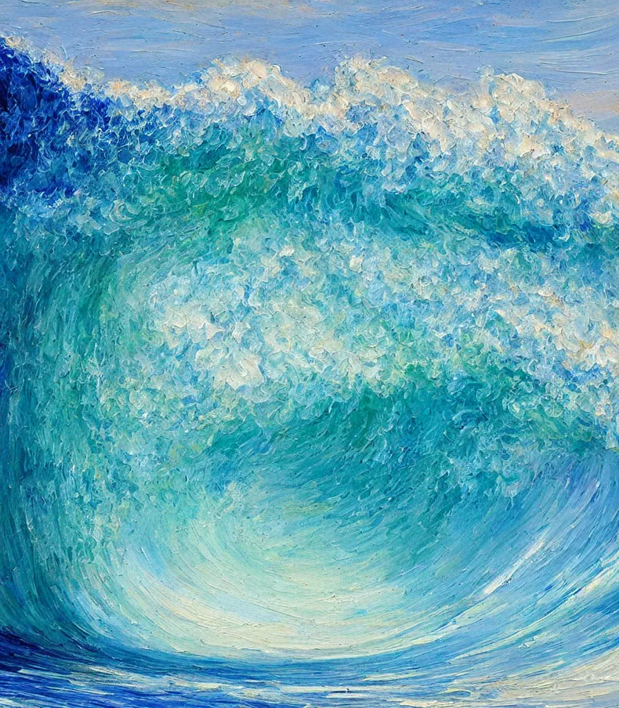 Image similar to an impasto oil painting from the inside of a barreling wave, traidic color scheme, blue and cyan colors, high detail, breathtaking wave, impressionism